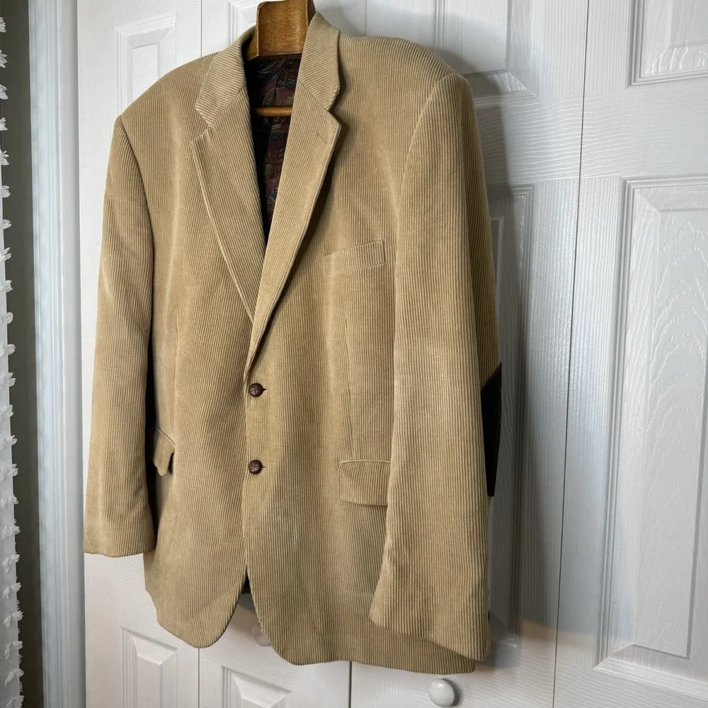 Vtg LRL Ralph Lauren Tan Corduroy 2 Button Blazer Jacket 48R Elbow‎ Patches